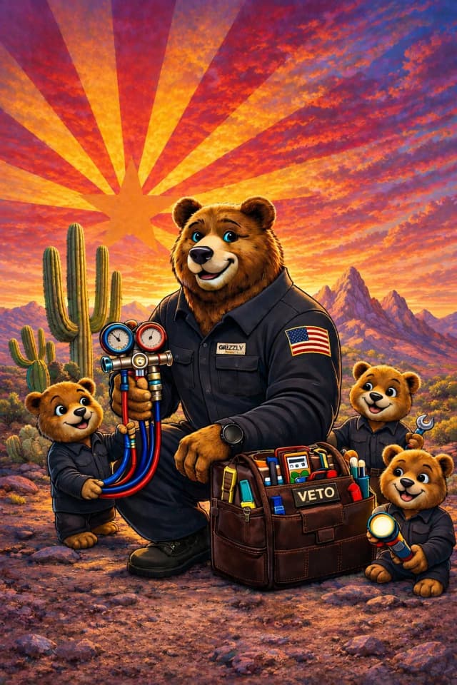 Three bears mascots representing Grizzly Comforts family-owned HVAC business
