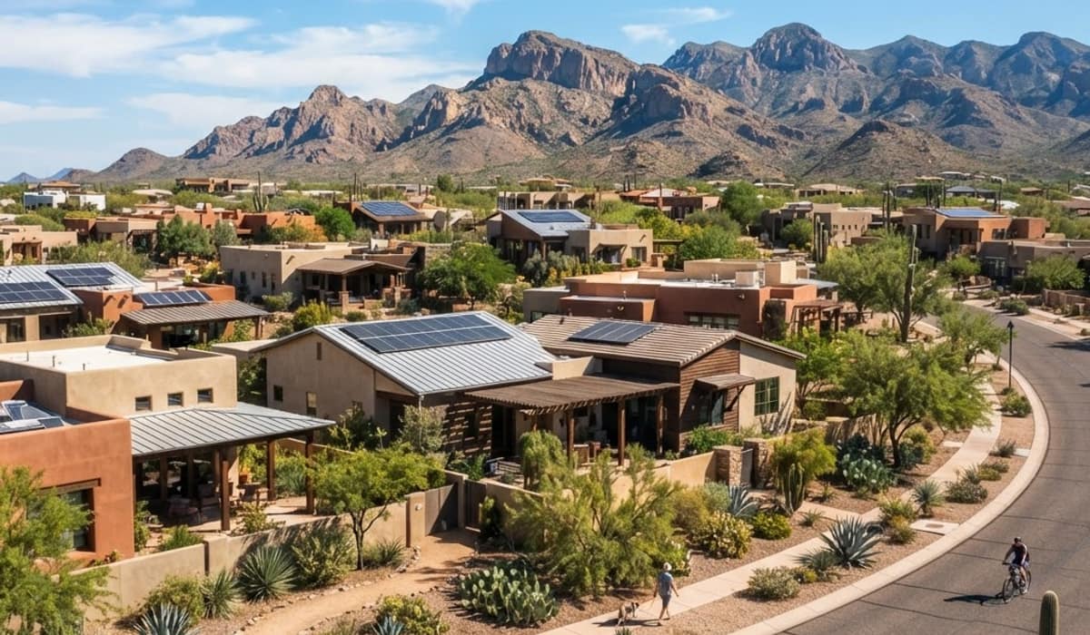 Civano, Arizona energy-efficient desert homes with solar-friendly design and mountain views