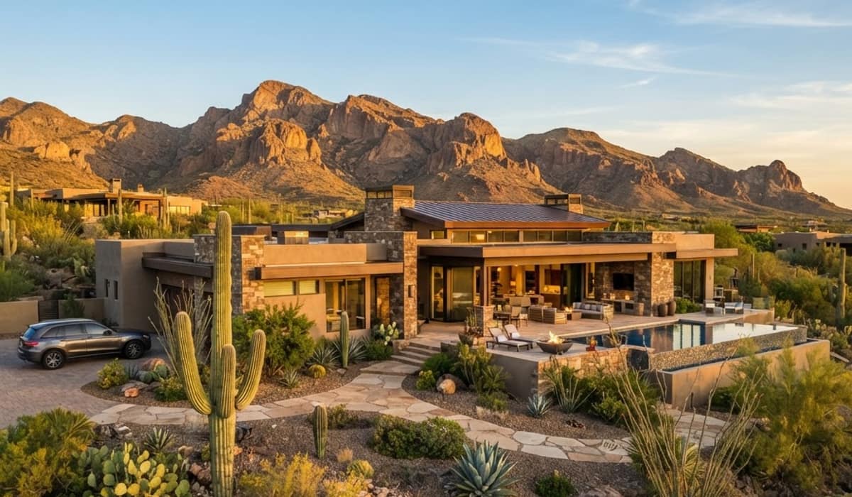Desert home with a mountain backdrop near Vail, Arizona on a clear summer day