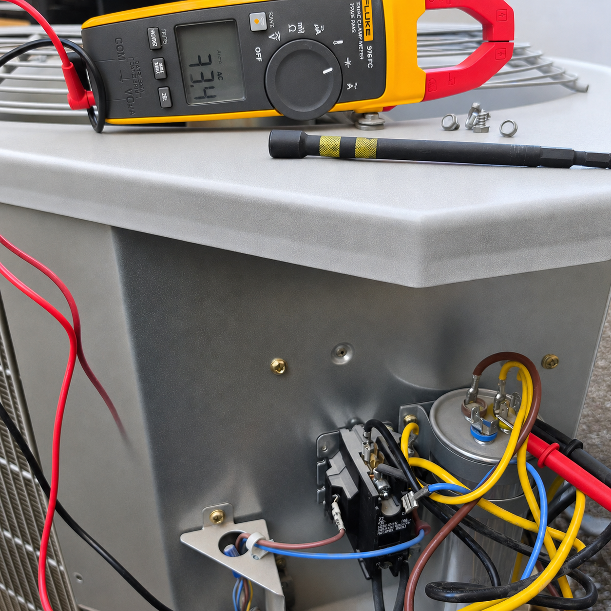 Technician testing an AC run capacitor with a Fluke clamp meter on an outdoor condenser unit in Vail, Arizona